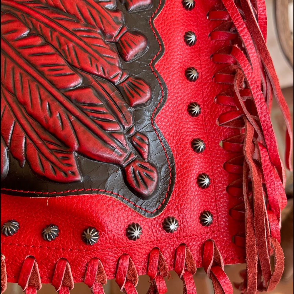 RAVIANI USA Western Red Tooled Leather American Indian Fringed Studded Bag NEW!! - Picture 9 of 14